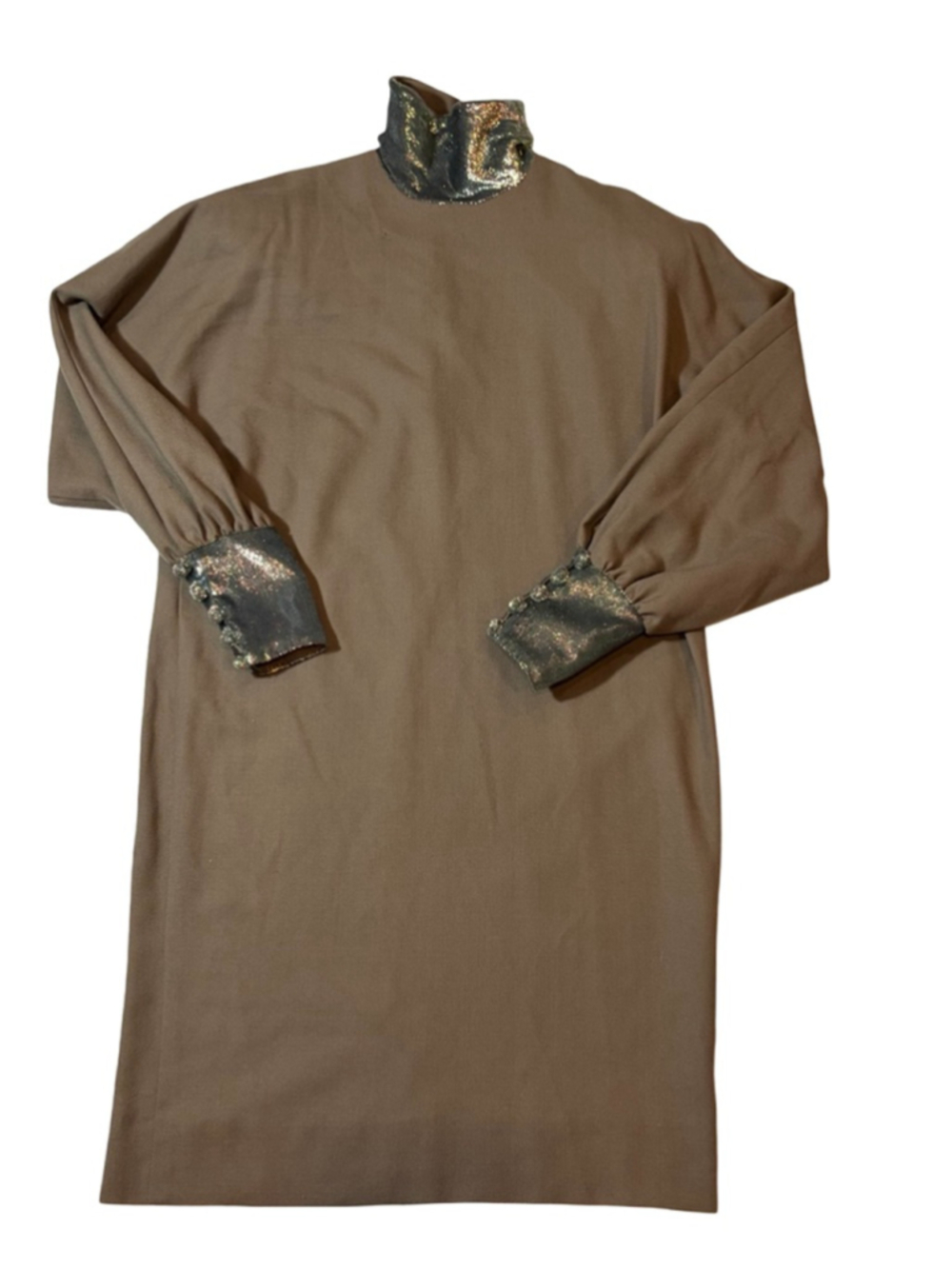 Vintage Mark Heister Dress Metallic Trim Taupe Minimalist Evening